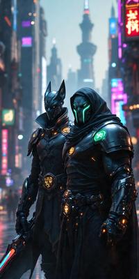 The primary subject of the image is a man dressed in a black and silver costume, standing next to another man in a similar outfit. The setting is a city street at night, with a backdrop of buildings and neon lights. The visual style is a digital art or illustration, creating a futuristic and dramatic atmosphere. The colors are predominantly black and silver, with some neon lights adding a touch of brightness to the scene.